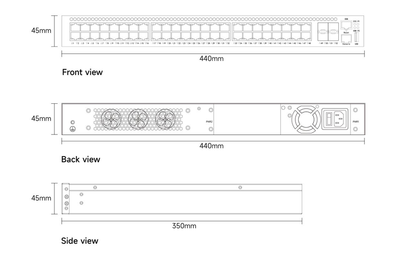 Dimension of L3 Managed Switch 48xGE RJ45, 4x10G SFP+ Redundant Hot-swap Power Supply