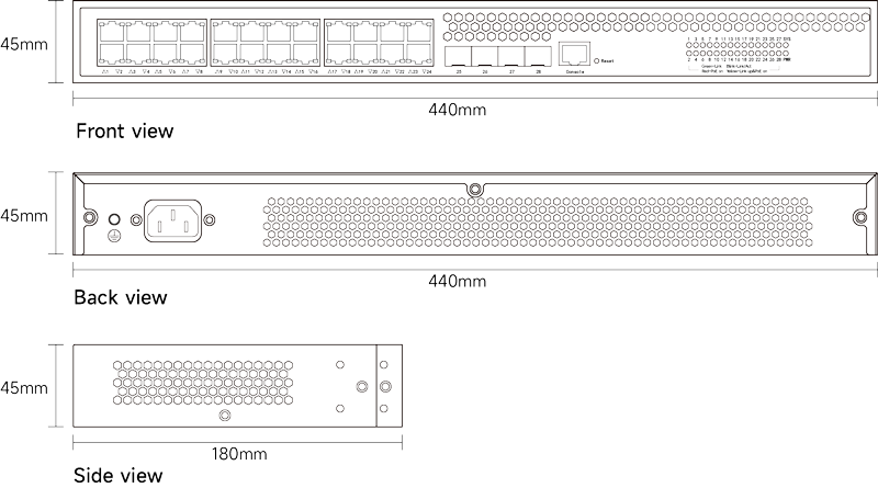 Dimension of Layer 2+ Managed PoE Switch 24x10/100/1000M RJ45, Uplink 4x1G/2.5G SFP