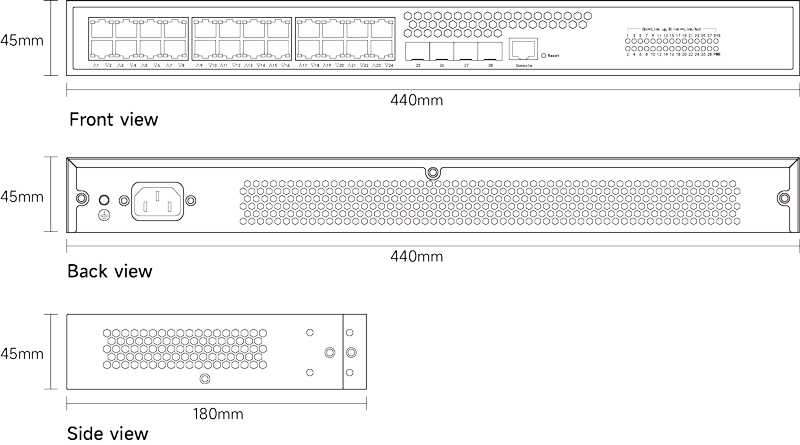 Dimension of Layer 2+ Managed Switch 24x10/100/1000M RJ45, Uplink 4x1G/2.5G SFP