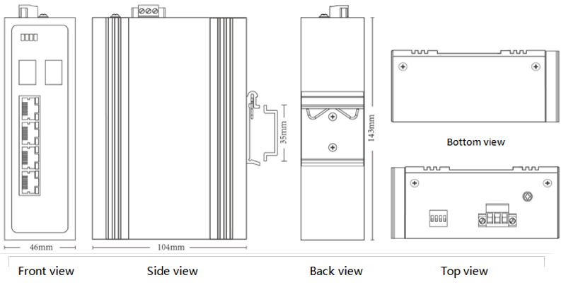 Dimensions of Industrial Switch 2xGigabit SFP, 4x10/100/1000Base-T PoE