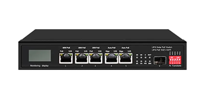 15A UPS Solar PoE Ethernet Switch with OLED 1GE 60W PoE + 2GE 30W PoE + 2GE Auto PoE + 1GE SFP
