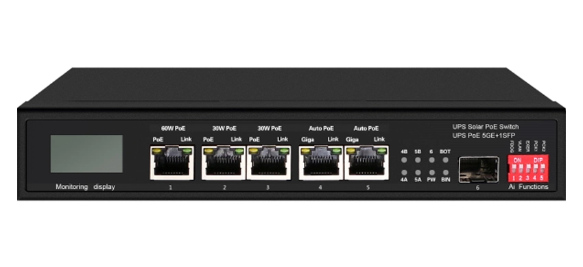 UPS Solar PoE Ethernet Switch with OLED 1GE 60W PoE + 2GE 30W PoE + 2GE Auto PoE + 1GE SFP