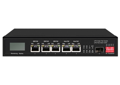 UPS Solar PoE Ethernet Switch with OLED 1GE 60W PoE + 2GE 30W PoE + 2GE Auto PoE + 1GE SFP