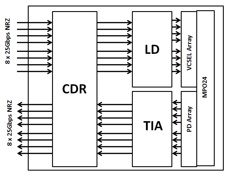Module Block Diagram of Active Optical Cable 200G QSFP-DD SR8 to 2x100GBASE QSFP28 SR4