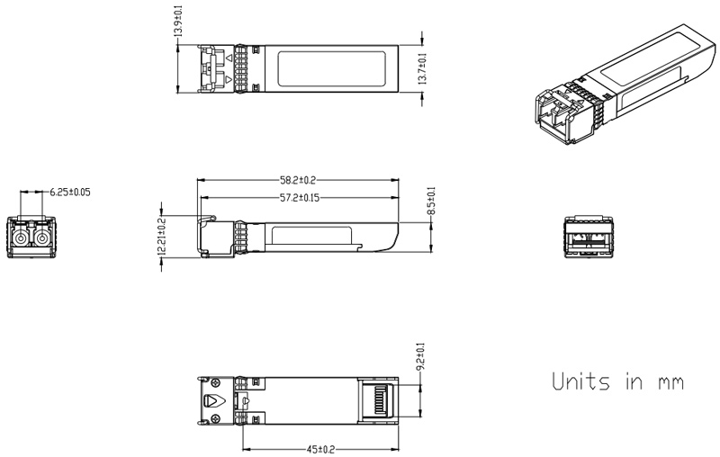 Outline Drawing (mm) of 10Gb/s DWDM SFP+ 80km Transceiver