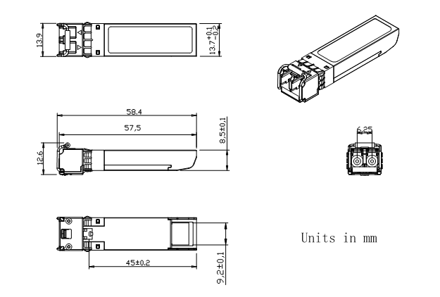 Outline Drawing of 10Gb/s SFP+ 1310nm 1.4km Transceiver