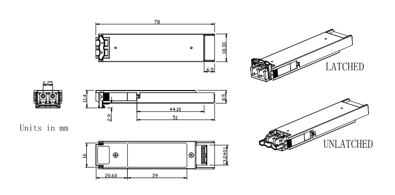 Outline Drawing (mm) of 10Gb/s Tunable DWDM XFP 80km Transceiver