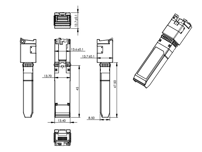 Outline Drawing of 10gbase-T Sfp+ Copper Transceiver