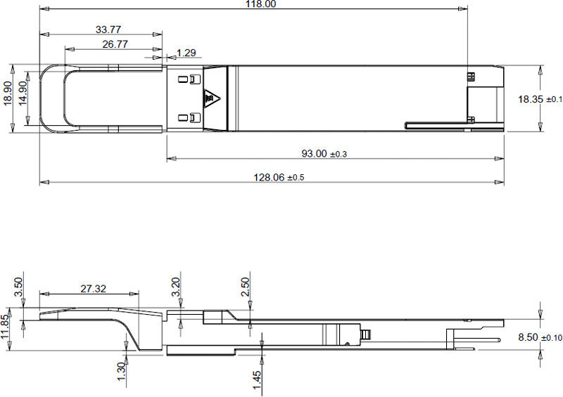 Outline Drawing (mm) of 400Gb/s QSFP-DD DR4+ 2km SMF Transceiver
