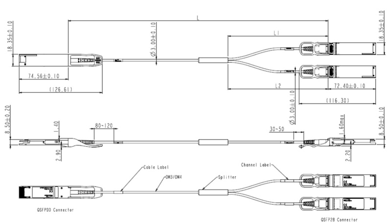  Outline Drawing of Active Optical Cable 200G QSFP-DD SR8 to 2x100GBASE QSFP28 SR4