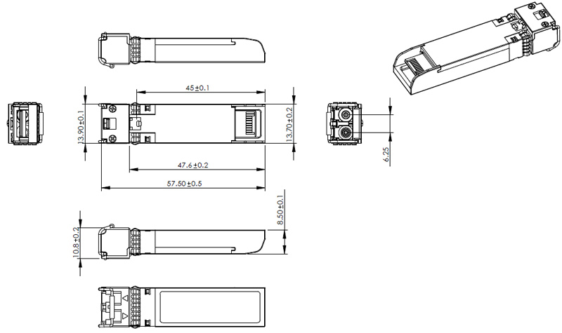 Outline Drawings (mm) of 10Gb/s SFP+ CWDM 60km Transceiver
