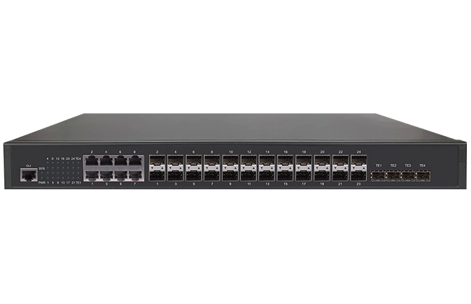 L3 Lite Managed Switch 4x10G SFP+, 16x1G SFP, 8x1G Combo SFP/RJ45 Redundant Internal Power AC100V~240V+ DC36-72V