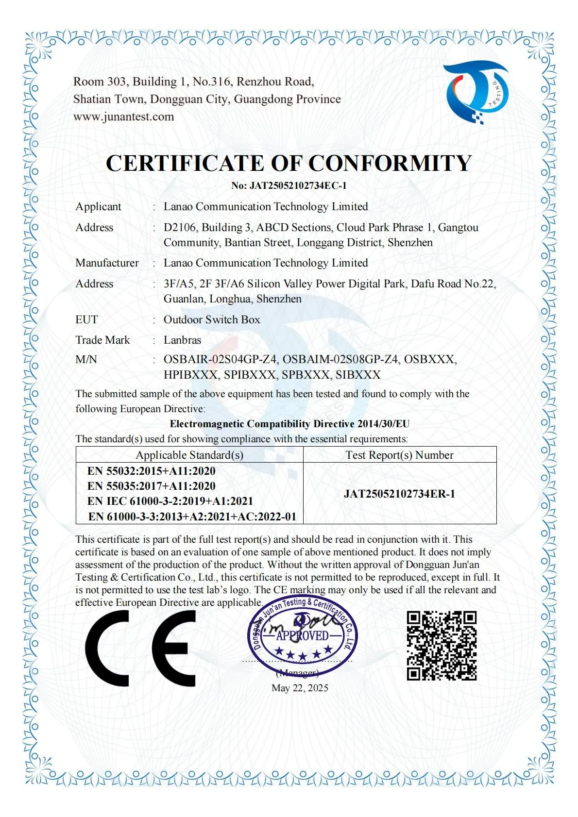 JAT25052102734EC 1 CE EMC证书 EN 55032 EN 55035 EN 61000 3 2 EN 61000 3 3 室外防水交换机