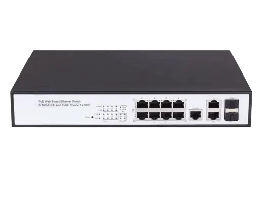 Ethernet PoE switch with 8x10/100M TX ports and 2xGE TX/SFP Combo Ports